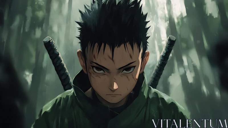 Storm-eyed young swordsman stalks the misted forest path.