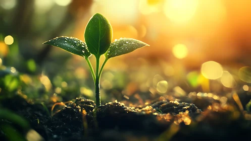 Young seedling growing in sunlit soil, nature macro photography.