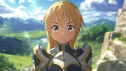 Resolute blonde anime knight under sunlit open sky.