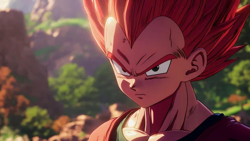 Red-haired anime warrior in rocky outdoor environment.