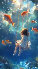 Dreamy underwater swing drifts with curious golden fish