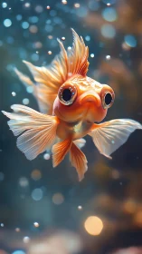 Goldfish portrait with cinematic bokeh and flowing fins.