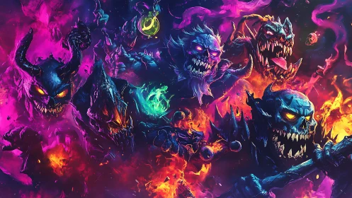 Infernal neon demons swirling in chaotic cosmic flames.