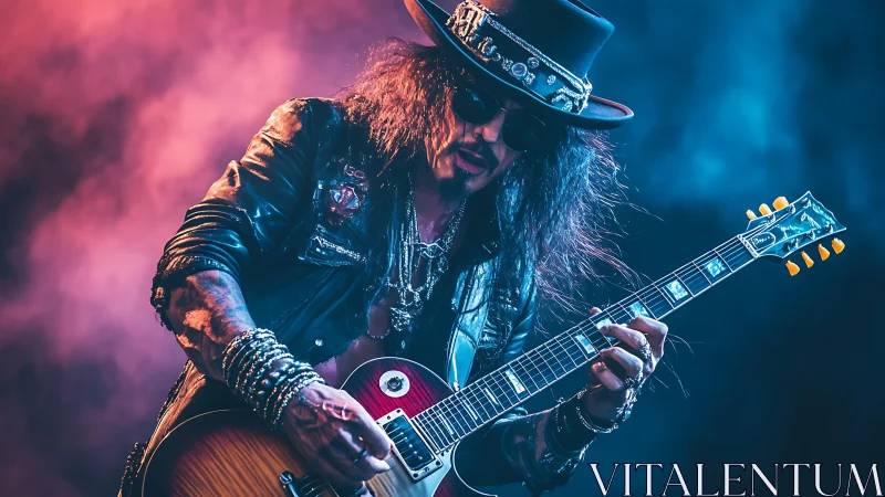 Electric rock guitarist lost in a dreamy stage solo.