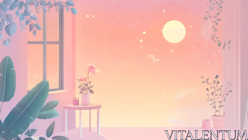 Pastel moonlight drifts through a dreamy indoor garden window