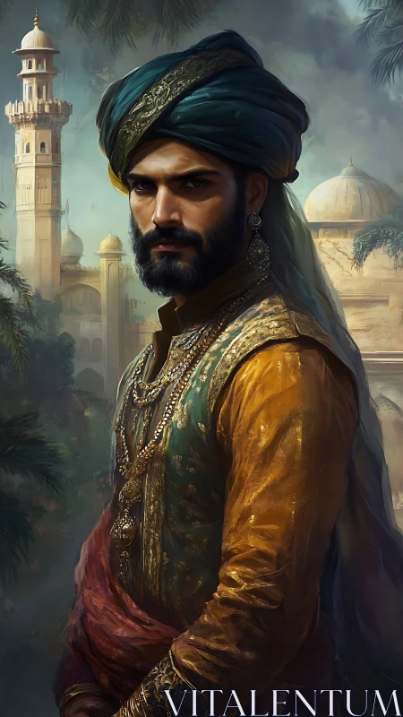 Regal turbaned noble in jeweled robes before domed palace.