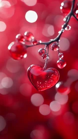 Crystal Heart Pendant with Dewdrops on Crimson Bokeh.