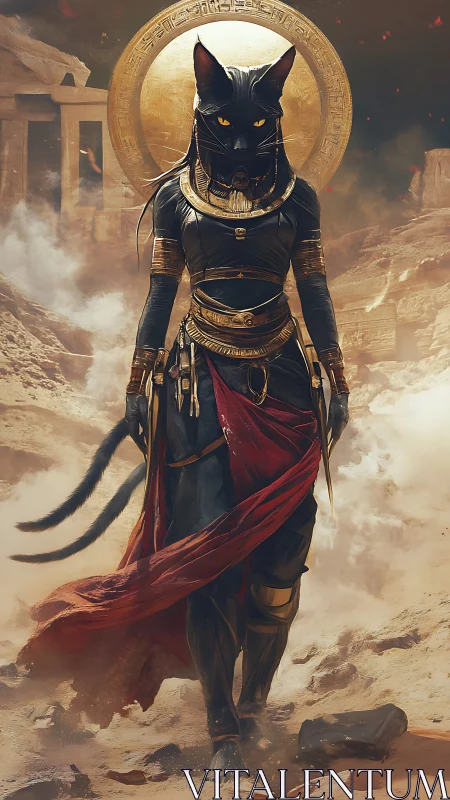 Anthropomorphic feline goddess strides through desert ruins.