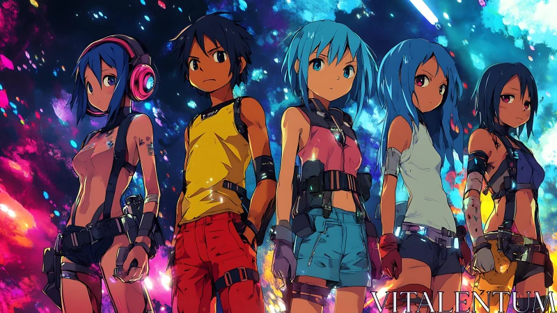 Group of armed anime youths against vivid abstract backdrop.