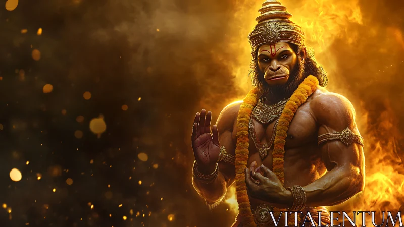 Radiant warrior deity stands amid blazing golden firelight.