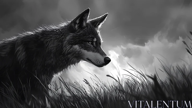 Monochrome side profile of lone wolf in tall grass field.