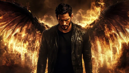 Winged humanoid figure in fire-lit digital composition.