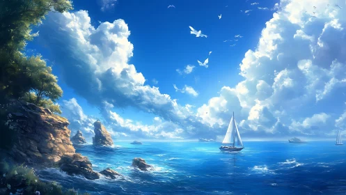 High-contrast seascape renders sailboats under volumetric cumulus clouds