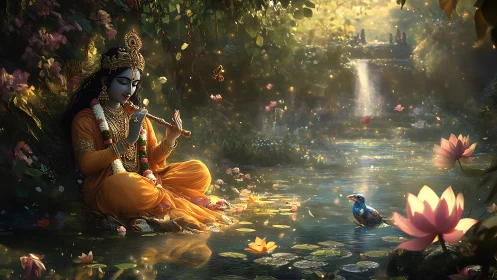Divine flute player beside lotus river under golden light