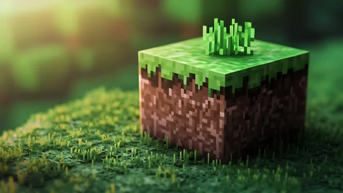 Pixelated grass block in stylized digital landscape scene.