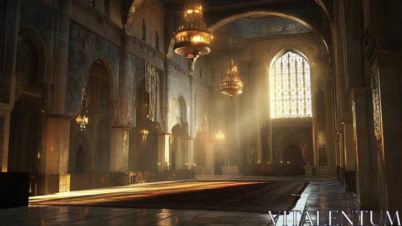 Golden light pours through grand arched mosque interior