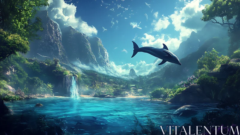 Dolphin suspended above tropical bay with waterfalls and cliffs