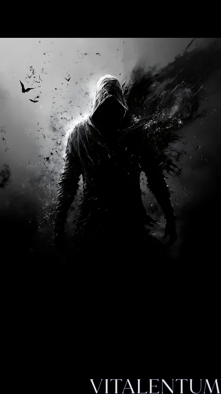 High-contrast hooded silhouette in dissolving chiaroscuro field.