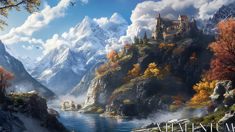 Sunlit mountain castle above a misty autumn river valley.