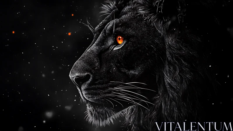 Black lion profile with glowing orange eye on dark background