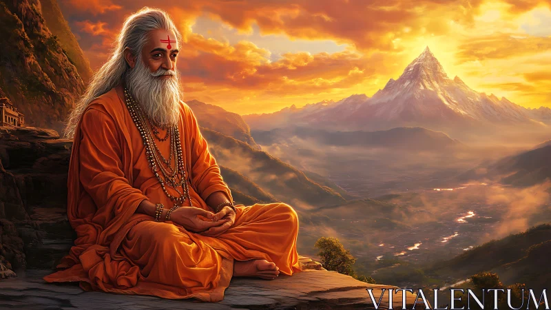 Himalayan sage in orange robes meditates before sunlit peak