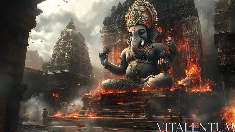 Colossal ganesha statue dominates burning temple ruins.