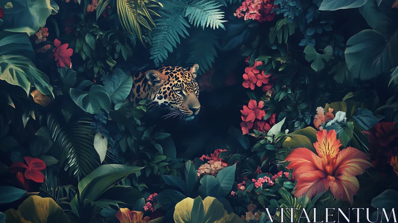 Gentle jungle watcher hidden among lush tropical blossoms.