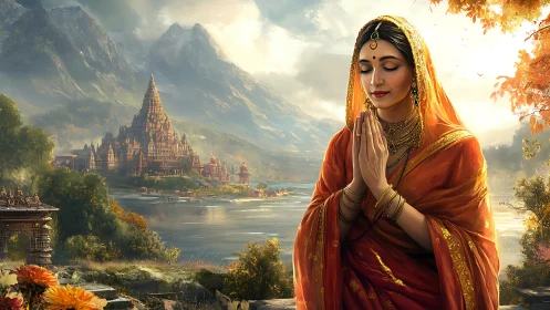 Woman in traditional attire before riverside temple complex.