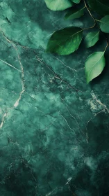 Green marble surface with leaves aligned along edge.