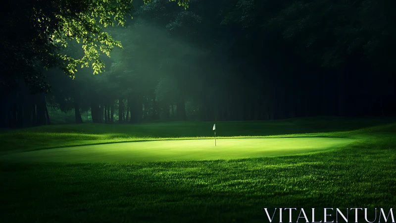 Directional backlighting isolates a golf green amid dense forest