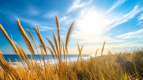 Sunlit Beach Grass with Ocean Waves in Vibrant Natural Style.