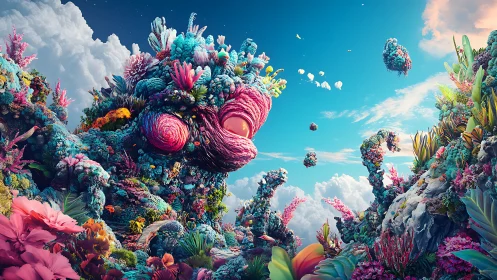 Surreal coral giant watches over floating reef islands.