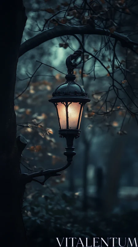 Gaslit iron lantern on tree mount in misty blue twilight forest