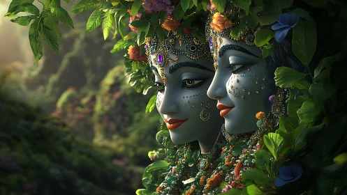 Twin blue-skinned jeweled faces emerging from lush rainforest canopy