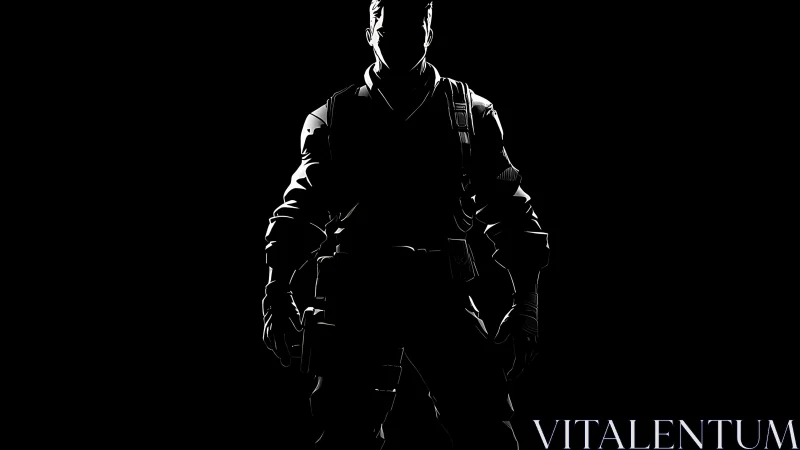 Shadowed hero stands bold in glowing monochrome light.