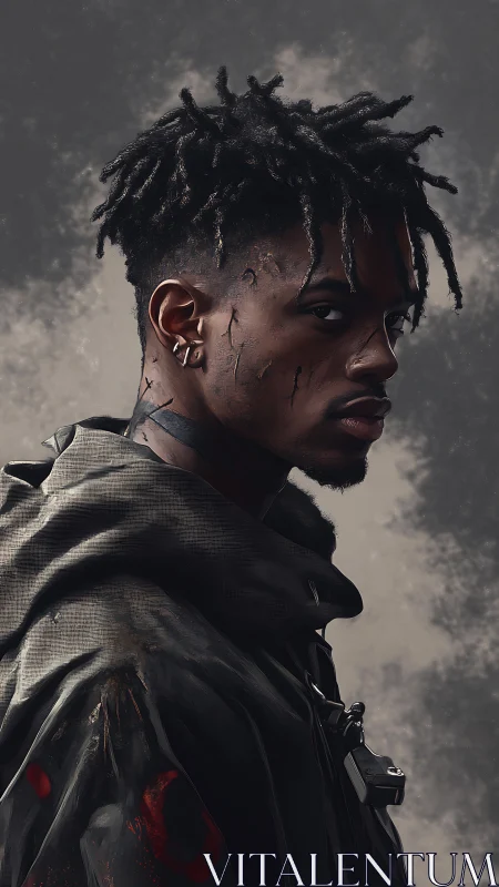 Brooding young man in dark hooded jacket with worn scars.