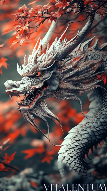 Detailed dragon head amid red foliage in stylized forest.