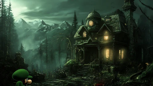 Moonlit forest mansion lures a timid green explorer closer