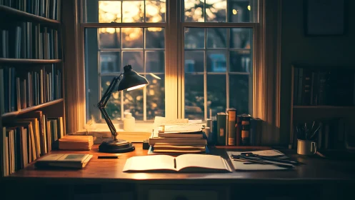 Luminous desk workspace under windowed sunset illumination.