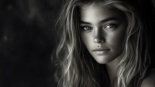 Softly lit portrait of a freckled young woman in quiet focus.