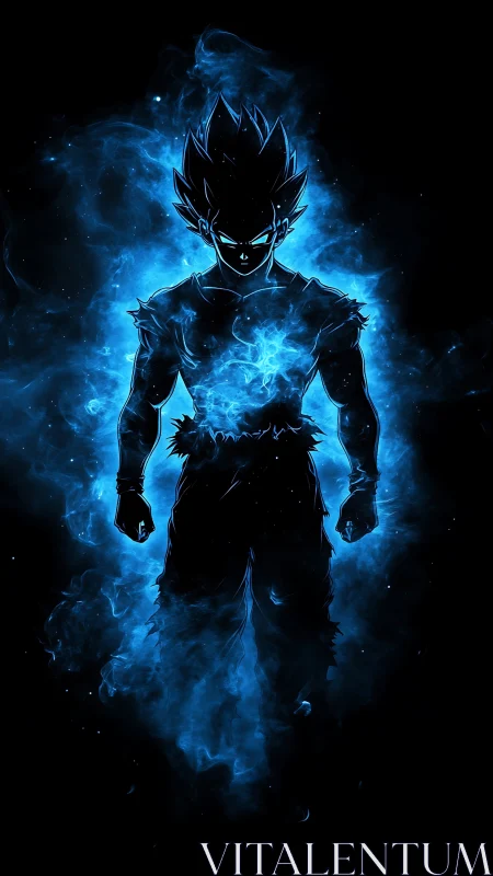 Electric blue warrior glowing with fierce cosmic power.