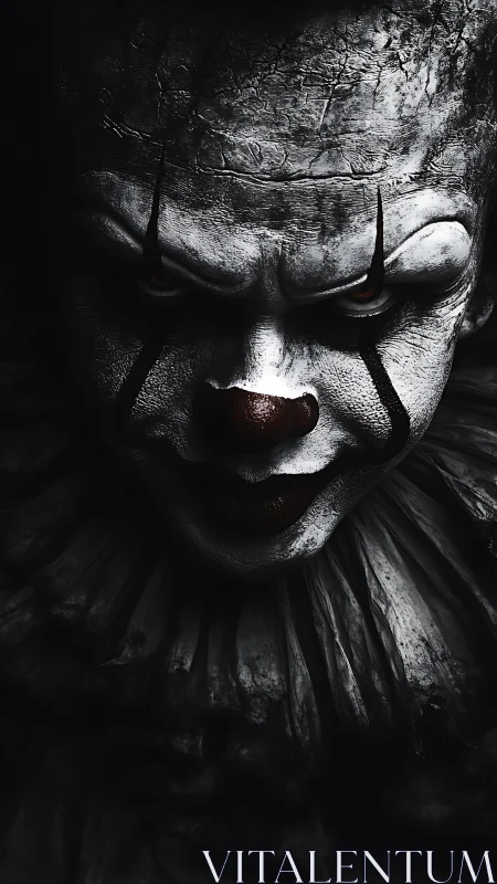 Sinister clown portrait in harsh shadowed monochrome horror.