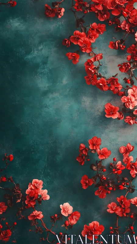 Vibrantly Saturated Red Botanical Forms Against Teal Weathered Ground Surface Composition