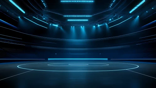 Empty circular arena floor under blue futuristic stadium lighting