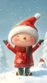 Cheerful stylized snowman character in winter snowfall scene.