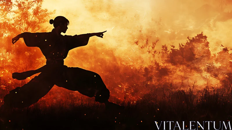 Martial artist silhouette poised before blazing wildfire horizon.