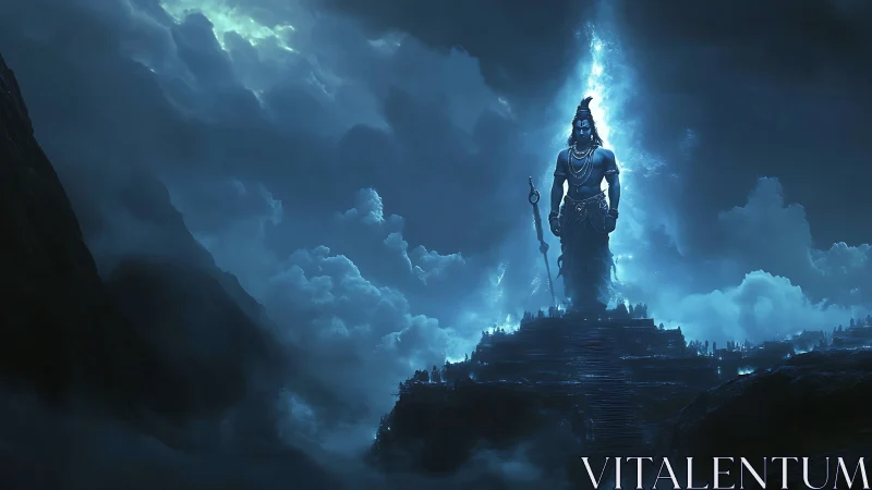 Stormlit mountain deity rising through thundercloud veils.