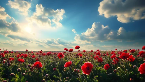 Sunlit poppy sea under roaming clouds and wild sky drama.