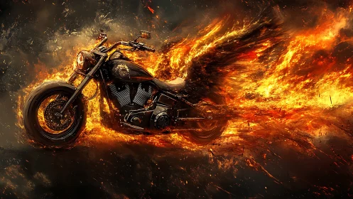 Fiery winged motorcycle blazes forward in a storm of sparks