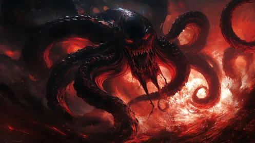 Demonic leviathan erupts from a blood red infernal sea